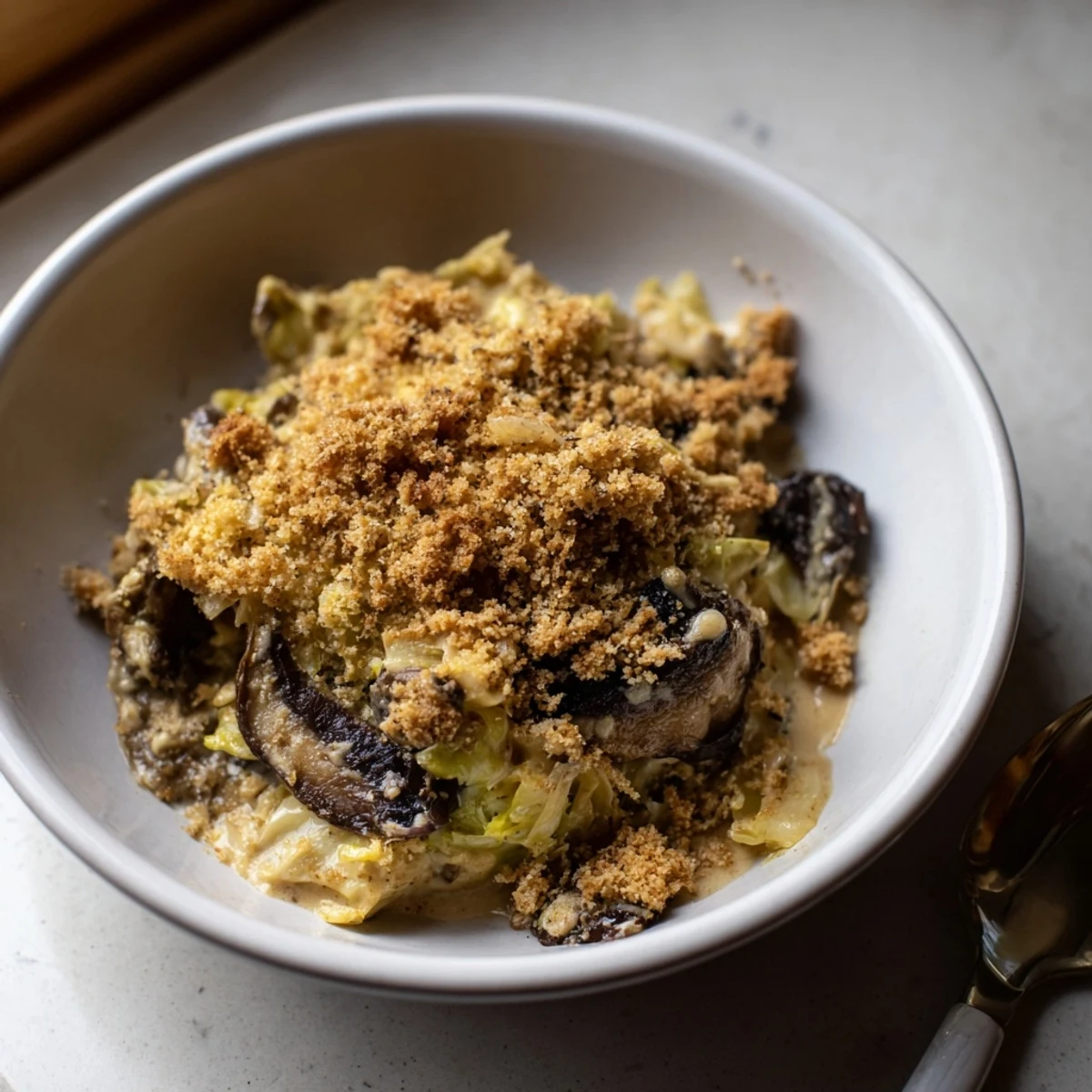 Herzhafter Kohl- und Pilzauflauf mit cremiger, käsiger Sauce und goldbrauner Kruste.