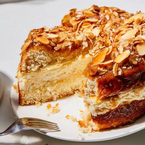 Fluffiger Bee Sting Cake mit cremiger Vanillefüllung und süßem Mandel-Honig-Topping.