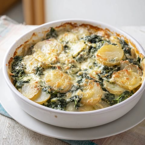 Zartes Spinach und Kartoffel Kastelruther Casserole, goldbraun gebacken und dampfend heiß serviert.  